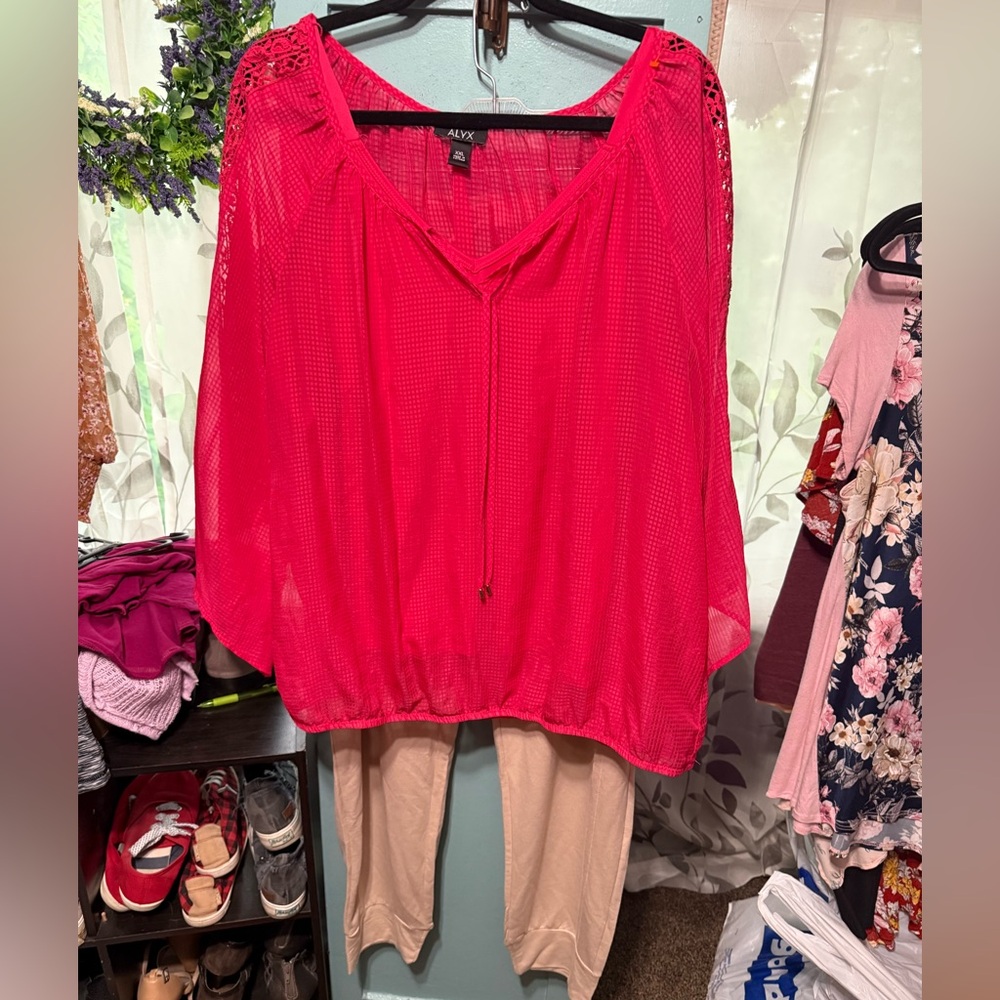 Sportelle beige pants-NWT /Bright Pink Long flows sleeve Blouse -EUC